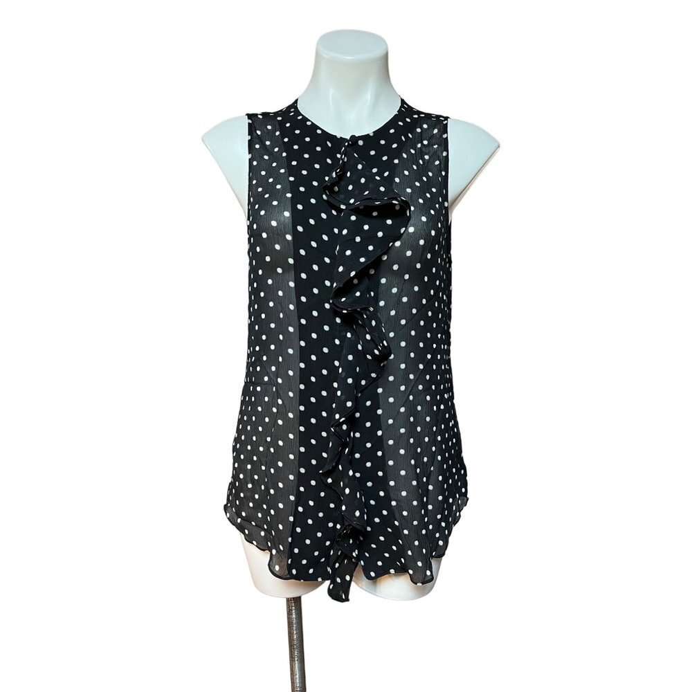 Theory Sheer Polka Dot Ruffle Front Sleeveless Top Black White Large